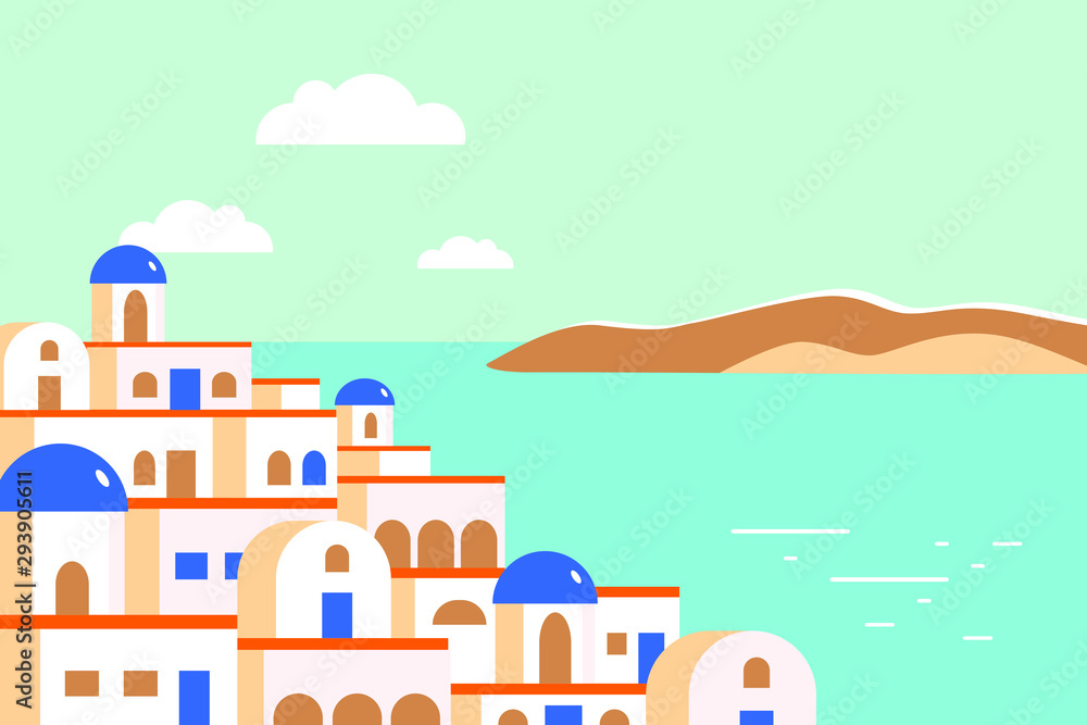 Santorini island tourism vector illustration in flat style. Holidays in Greece, landscape, sea. Banner design.
