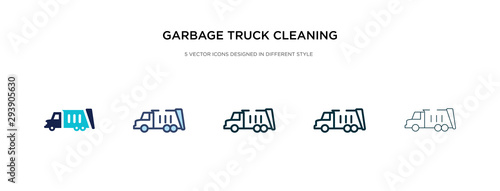 garbage truck cleaning icon in different style vector illustration. two colored and black garbage truck cleaning vector icons designed in filled, outline, line and stroke style can be used for web,