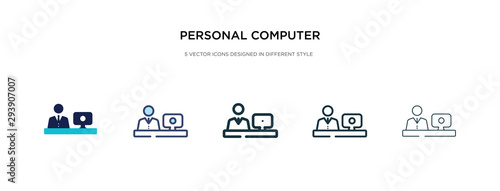 personal computer and worker icon in different style vector illustration. two colored and black personal computer and worker vector icons designed in filled, outline, line stroke style can be used