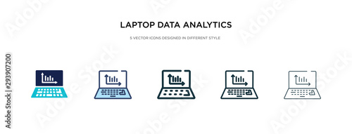 laptop data analytics graphic on screen with circles icon in different style vector illustration. two colored and black laptop data analytics graphic on screen with circles vector icons designed in