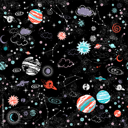 Space Galaxy constellation seamless pattern print could be used for textile, zodiac star yoga mat, phone case