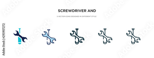 screwdriver and doble wrench icon in different style vector illustration. two colored and black screwdriver and doble wrench vector icons designed in filled  outline  line stroke style can be used