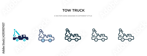 tow truck icon in different style vector illustration. two colored and black tow truck vector icons designed in filled, outline, line and stroke style can be used for web, mobile, ui