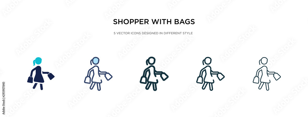 shopper with bags icon in different style vector illustration. two colored and black shopper with bags vector icons designed in filled, outline, line and stroke style can be used for web, mobile, ui