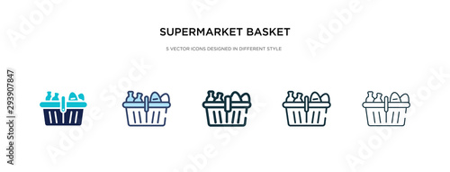 supermarket basket icon in different style vector illustration. two colored and black supermarket basket vector icons designed in filled, outline, line and stroke style can be used for web, mobile,