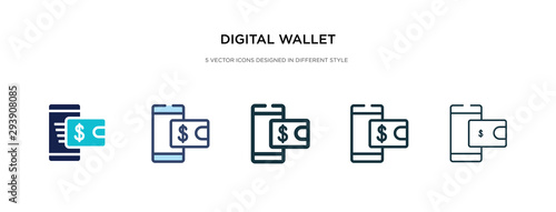 digital wallet icon in different style vector illustration. two colored and black digital wallet vector icons designed in filled, outline, line and stroke style can be used for web, mobile, ui