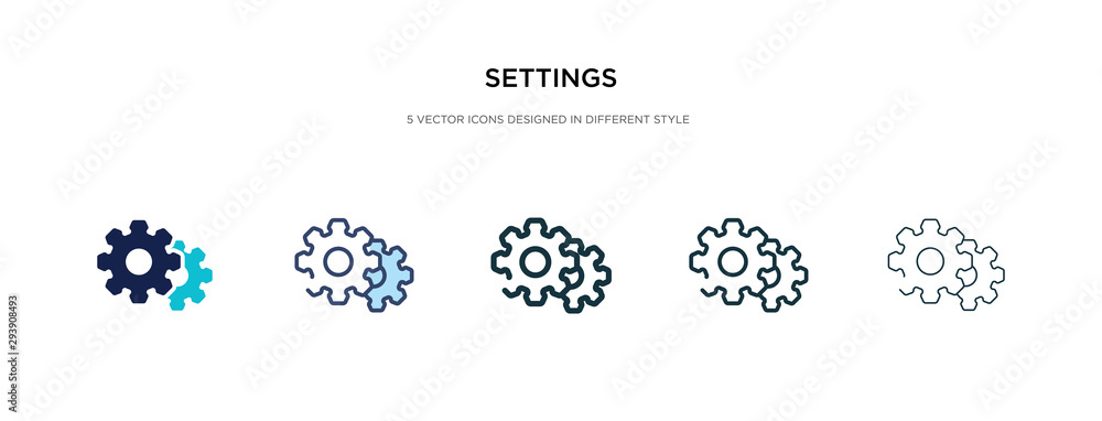 settings icon in different style vector illustration. two colored and black settings vector icons designed in filled, outline, line and stroke style can be used for web, mobile, ui - obrazy, fototapety, plakaty 