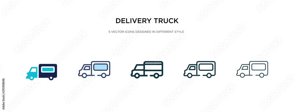 delivery truck icon in different style vector illustration. two colored and black delivery truck vector icons designed in filled, outline, line and stroke style can be used for web, mobile, ui delivery truck icon in different style vector illustration. two colored and black delivery truck vector icons designed in filled, outline, line and stroke style can be used for web, mobile, ui