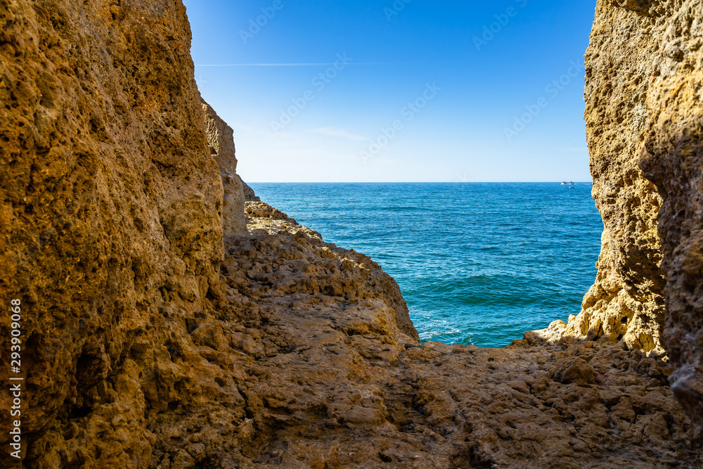 Atlantic Ocean seascape viewed from Algar Seco rock formations, Carvoeiro, Algarve, Portugal
