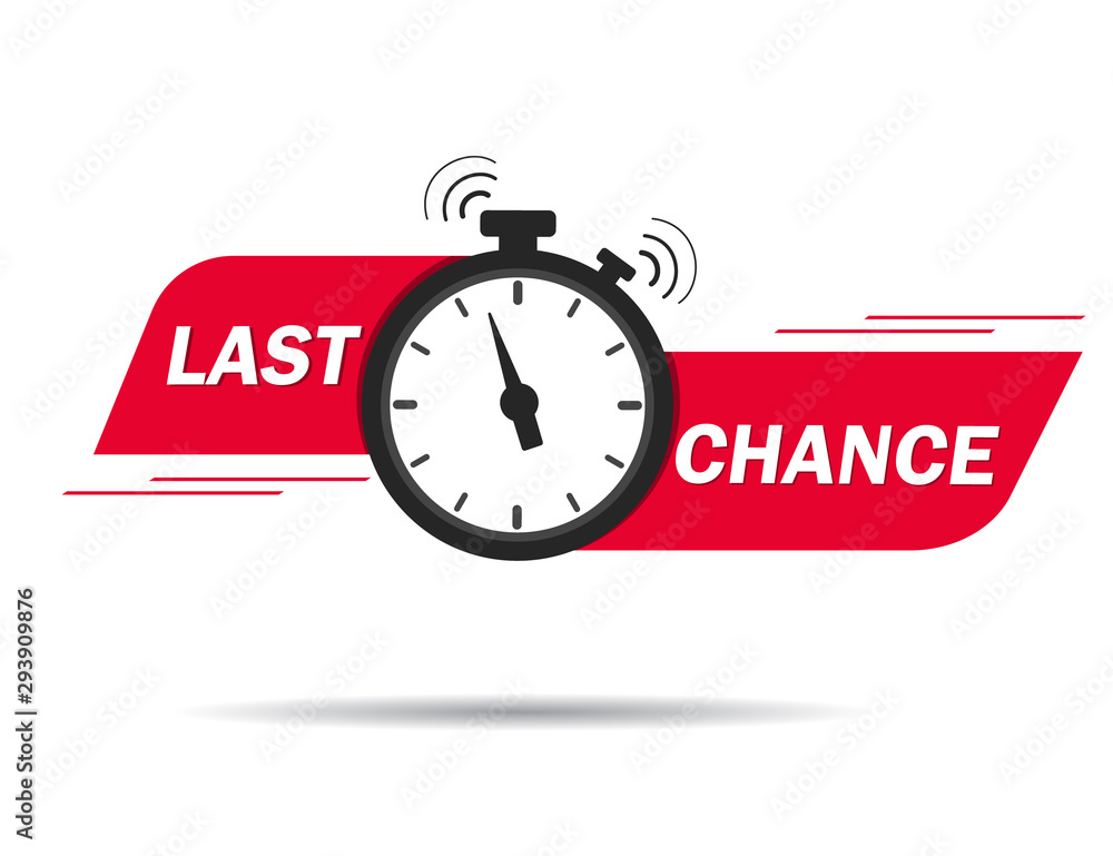 Red ribbon with clock and last chance seal. Sale banner with countdown alarm clock for retail, shop, social media, advertising. Promo label with last chance and limited time on clock. vector Red ribbon with clock and last chance seal. Sale banner with countdown alarm clock for retail, shop, social media, advertising. Promo label with last chance and limited time on clock. vector