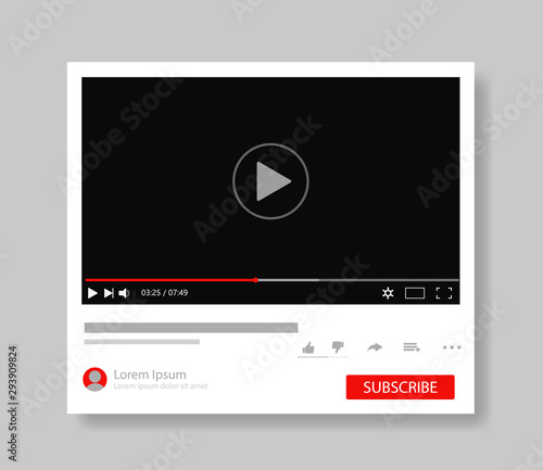 Frame video player interface. Design mockup video channel pc. Tube window template with subscribe for web, media app.Player screen with navigation icon. Modern layout tube interface. vector