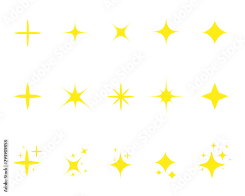 Flat yellow sparkle star.Gold twinkle stars cartoon style.Set of light firework, glow effect, bright bursts.Sparkle star with flash. Flat decoration twinkle on isolated background. vector