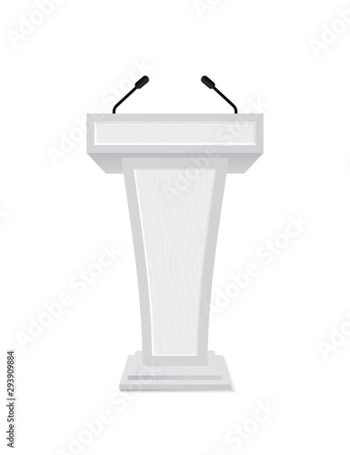 Podium rostrum with microphone for debate  speech  press conference  dispute  audience. Podium tribune with empty place for speaker  lecture.Isolated stage stand for debate.vector