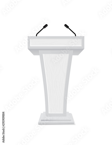 Podium rostrum with microphone for debate, speech, press conference, dispute, audience. Podium tribune with empty place for speaker, lecture.Isolated stage stand for debate.vector