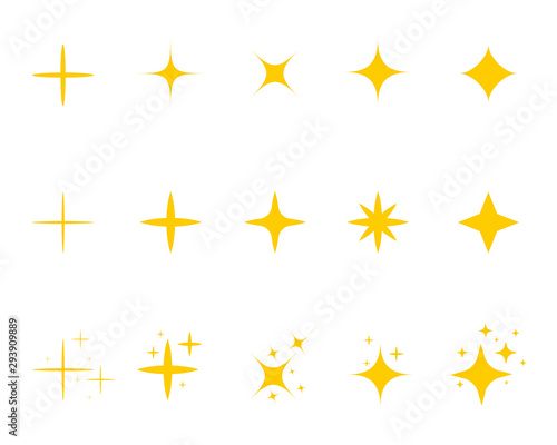 Flat yellow sparkle star.Gold twinkle stars cartoon style.Set of light firework, glow effect, bright bursts.Sparkle star with flash. Flat decoration twinkle on isolated background. vector