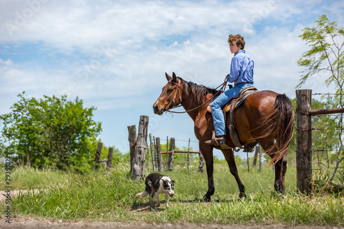 Young cowboy on horseback with cattle dog