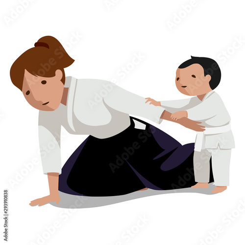 A woman in hakama and a little boy in uniform are practicing, defending skills.