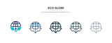 eco globe icon in different style vector illustration. two colored and black eco globe vector icons designed in filled, outline, line and stroke style can be used for web, mobile, ui