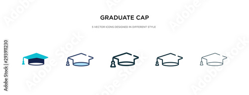 graduate cap icon in different style vector illustration. two colored and black graduate cap vector icons designed in filled, outline, line and stroke style can be used for web, mobile, ui