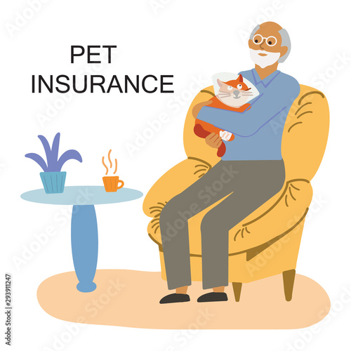 Old man with a sick cat relaxing in a chair. Smiling senior gentleman with his pet at home. Vector illustration.