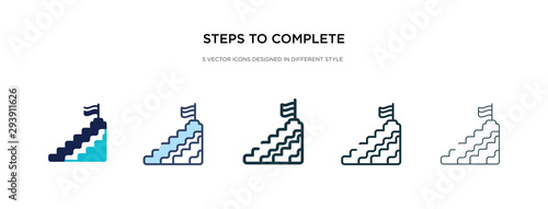 steps to complete icon in different style vector illustration. two colored and black steps to complete vector icons designed in filled, outline, line and stroke style can be used for web, mobile, ui