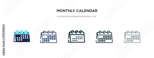 monthly calendar icon in different style vector illustration. two colored and black monthly calendar vector icons designed in filled, outline, line and stroke style can be used for web, mobile, ui