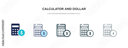 calculator and dollar icon in different style vector illustration. two colored and black calculator and dollar vector icons designed in filled, outline, line stroke style can be used for web,
