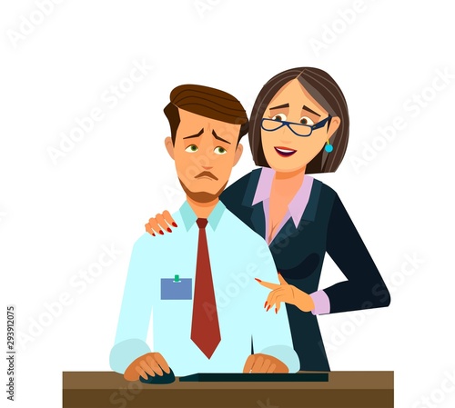 woman harassing a worker. sexual harassment at work, office woman and her lustful boss, Vector illustration in cartoon style,