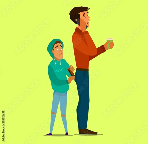 A child steals a purse from a man's back pocket. Vector illustration.