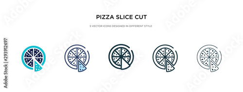 pizza slice cut icon in different style vector illustration. two colored and black pizza slice cut vector icons designed in filled, outline, line and stroke style can be used for web, mobile, ui