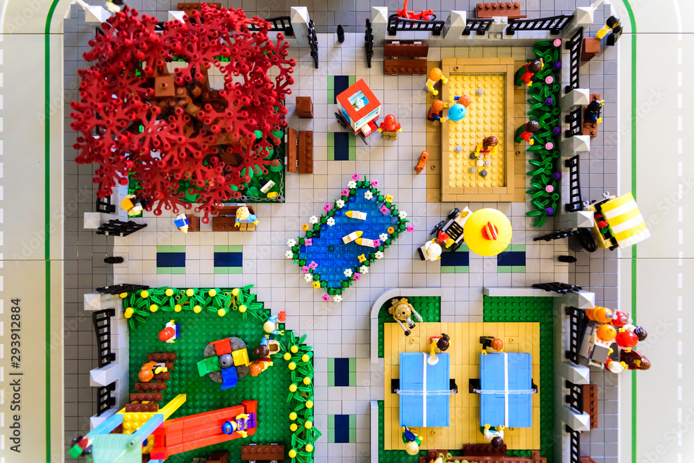 Valencia, Spain - April 13, 2019: Aerial view from above of a recreation  with Lego figures of a city, with streets, train tracks and houses. Stock  Photo | Adobe Stock