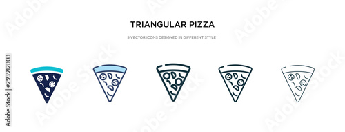 triangular pizza slice icon in different style vector illustration. two colored and black triangular pizza slice vector icons designed in filled, outline, line and stroke style can be used for web,