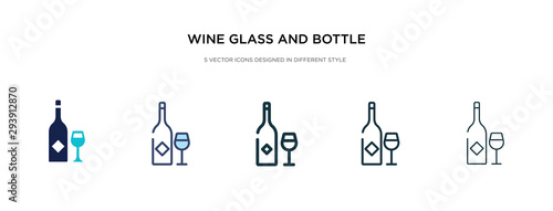 wine glass and bottle icon in different style vector illustration. two colored and black wine glass and bottle vector icons designed in filled, outline, line stroke style can be used for web,