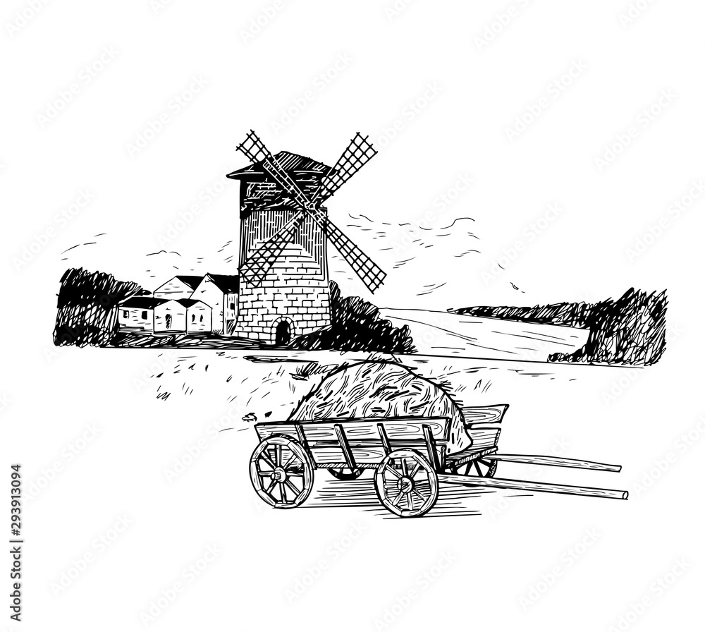 Obraz premium set of hand drawn illustrations of windmills and flour. sketches for the design of cafes, restaurants, food packages. bread collection
