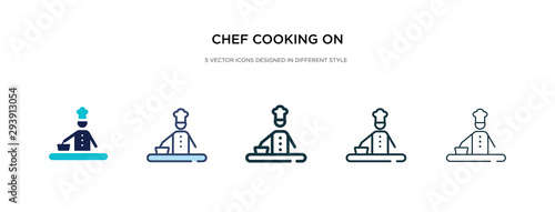 chef cooking on stove icon in different style vector illustration. two colored and black chef cooking on stove vector icons designed in filled, outline, line and stroke style can be used for web,
