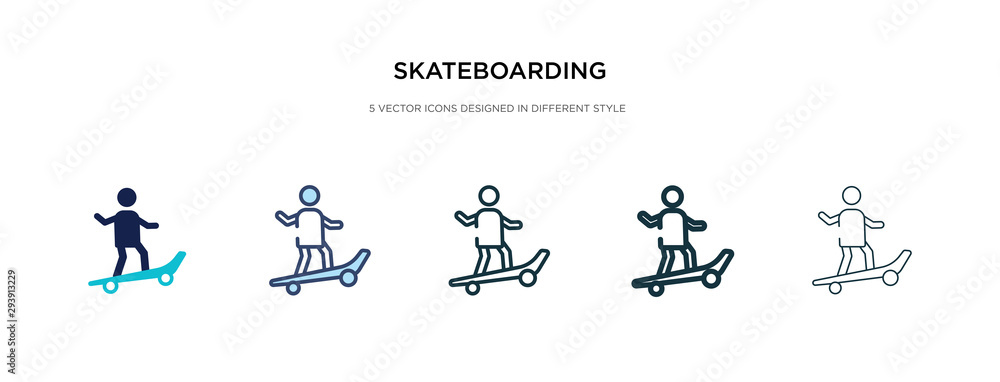 skateboarding icon in different style vector illustration. two colored and black skateboarding vector icons designed in filled, outline, line and stroke style can be used for web, mobile, ui skateboarding icon in different style vector illustration. two colored and black skateboarding vector icons designed in filled, outline, line and stroke style can be used for web, mobile, ui