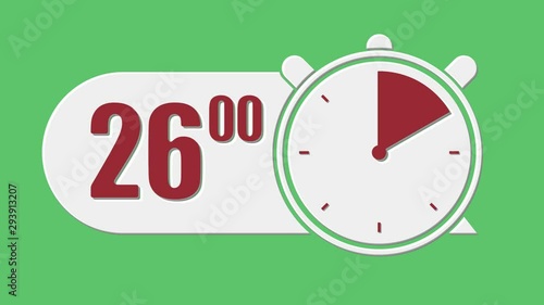 Animation: a neat countdown timer going from thirty to zero, with numbers (seconds, fractions) and visual cues (a stopwatch becoming red). Green background.
 photo