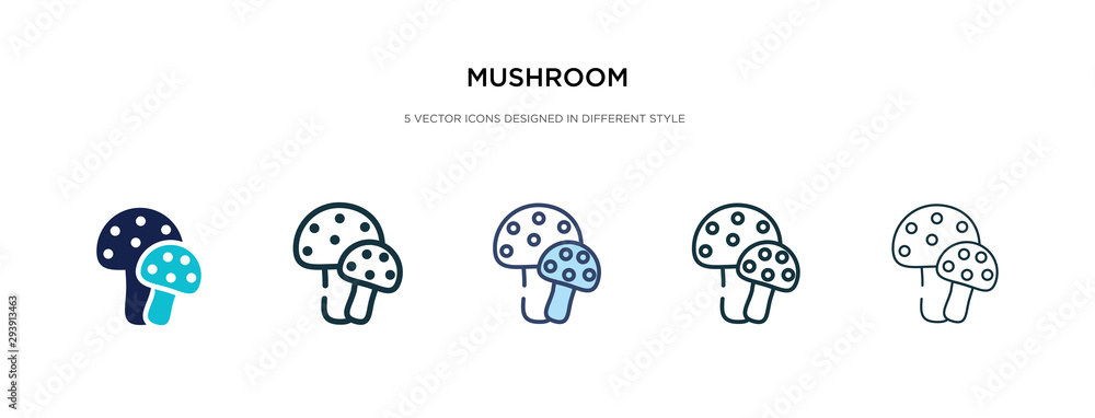 mushroom icon in different style vector illustration. two colored and black mushroom vector icons designed in filled, outline, line and stroke style can be used for web, mobile, ui mushroom icon in different style vector illustration. two colored and black mushroom vector icons designed in filled, outline, line and stroke style can be used for web, mobile, ui