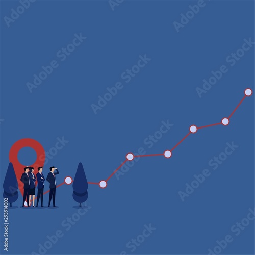Business flat vector concept team see chart going up aside location icon metaphor of success path.