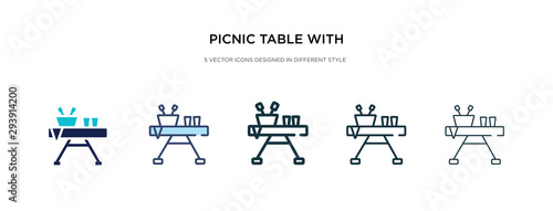 picnic table with basket icon in different style vector illustration. two colored and black picnic table with basket vector icons designed in filled, outline, line and stroke style can be used for