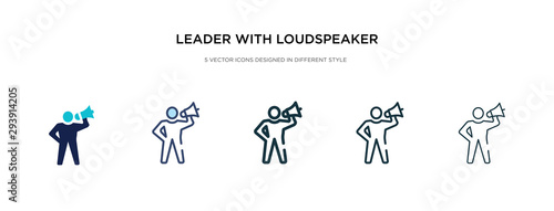 leader with loudspeaker icon in different style vector illustration. two colored and black leader with loudspeaker vector icons designed in filled, outline, line and stroke style can be used for