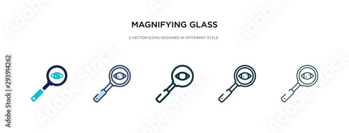 magnifying glass searcher icon in different style vector illustration. two colored and black magnifying glass searcher vector icons designed in filled, outline, line and stroke style can be used for