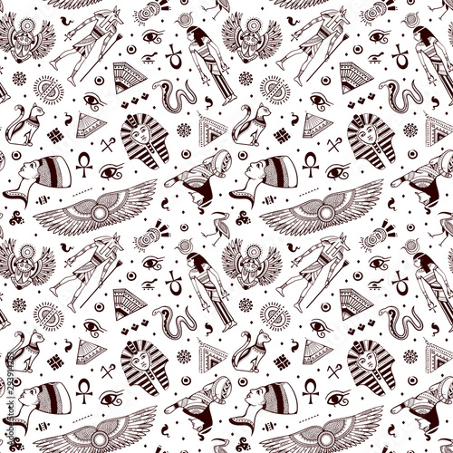 Vector tribal ethnic seamless pattern with Egypt symbols