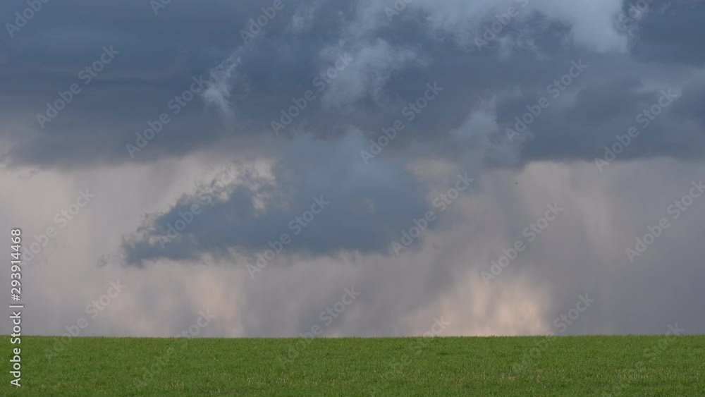 A spring storm slowly moves through the plains pouring rain over green wheat fields A spring storm slowly moves through the plains pouring rain over green wheat fields