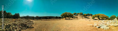 ancient teos city ruins surrounded by olive trees panoramic
