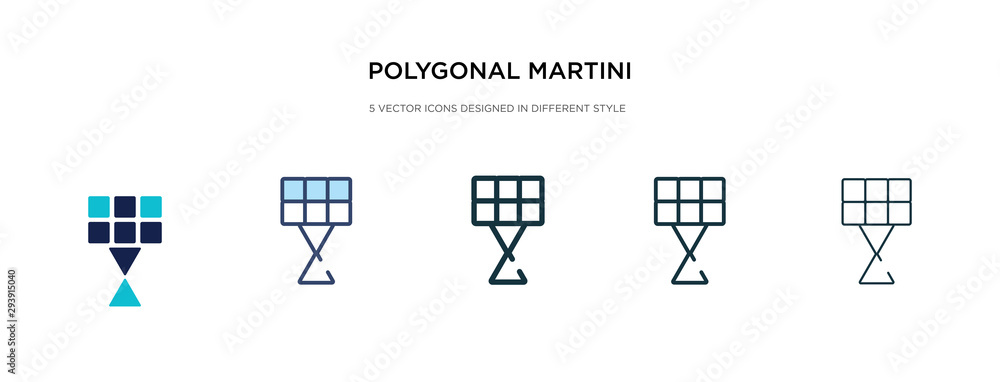 polygonal martini glass shape icon in different style vector illustration. two colored and black polygonal martini glass shape vector icons designed in filled, outline, line and stroke style can be
