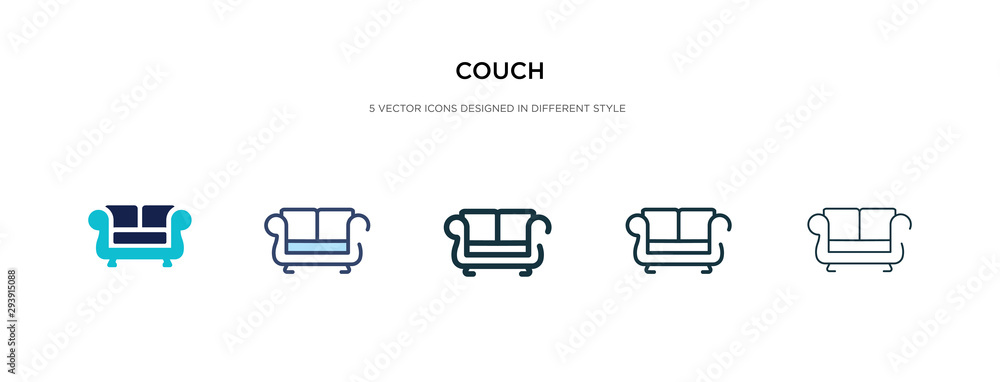couch icon in different style vector illustration. two colored and black couch vector icons designed in filled, outline, line and stroke style can be used for web, mobile, ui