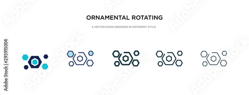 ornamental rotating polygonal icon in different style vector illustration. two colored and black ornamental rotating polygonal vector icons designed in filled, outline, line and stroke style can be