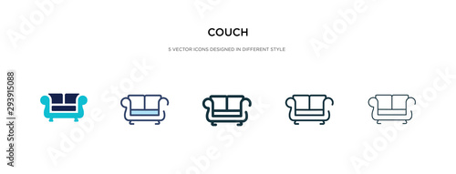 couch icon in different style vector illustration. two colored and black couch vector icons designed in filled, outline, line and stroke style can be used for web, mobile, ui
