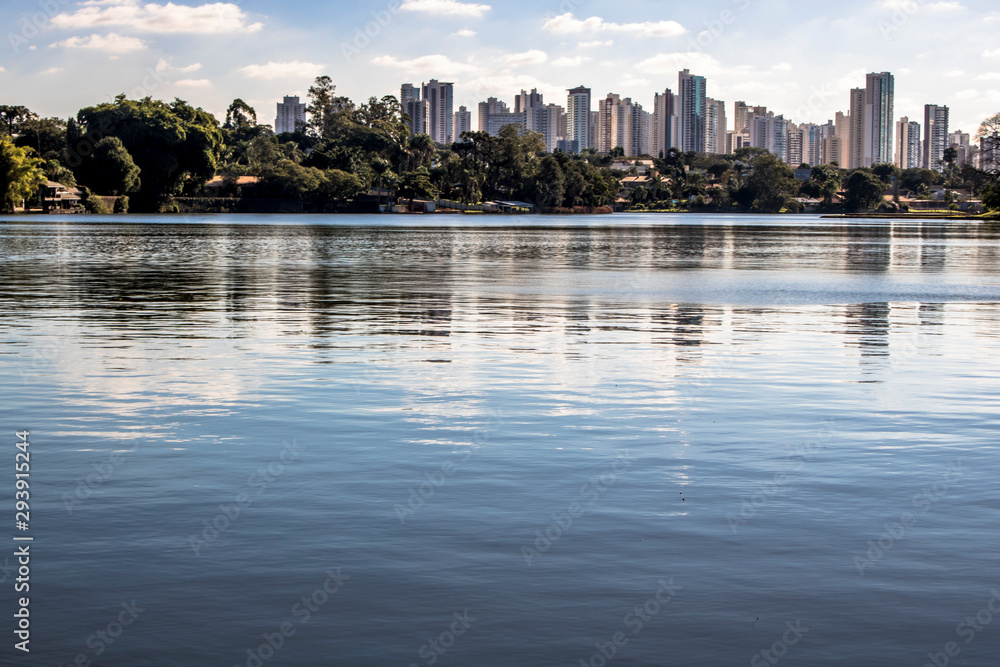 View of the city buildings from Igapo Lake in Londrina, northern Parana State, Brazil